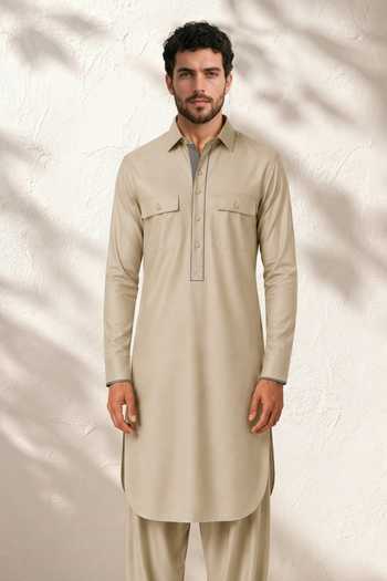 Bubber Couture Beige Silk, Cotton Veeraj Plain Kurta Set at Aza Fashions Bubber Couture_Beige Silk, Cotton Veeraj Plain Kurta Set _at_Aza_Fashions