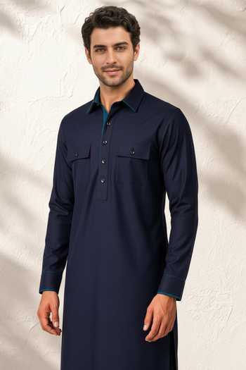 Buy_Bubber Couture_Blue Silk, Cotton Siraj Pathani Kurta Set _Online_at_Aza_Fashions