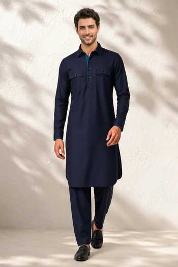 Shop_Bubber Couture_Blue Silk, Cotton Siraj Pathani Kurta Set _Online_at_Aza_Fashions