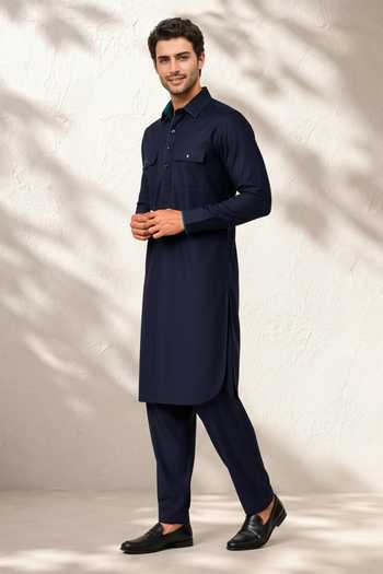 Bubber Couture_Blue Silk, Cotton Siraj Pathani Kurta Set _at_Aza_Fashions