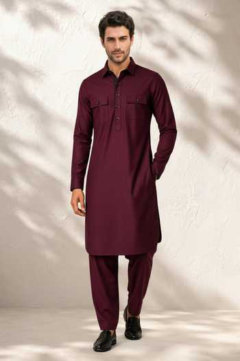 Buy_Bubber Couture_Maroon Silk, Cotton Pravar Kurta Set _Online_at_Aza_Fashions