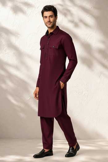 Shop_Bubber Couture_Maroon Silk, Cotton Pravar Kurta Set _Online_at_Aza_Fashions