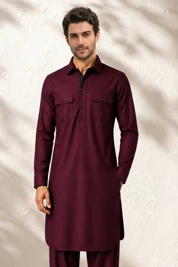 Bubber Couture_Maroon Silk, Cotton Pravar Kurta Set _at_Aza_Fashions