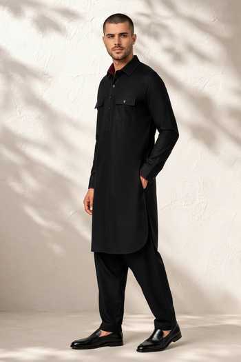 Shop Bubber Couture Black Silk, Cotton Ritvik Kurta And Salwar Set Online at Aza Fashions Shop_Bubber Couture_Black Silk, Cotton Ritvik Kurta And Salwar Set _Online_at_Aza_Fashions
