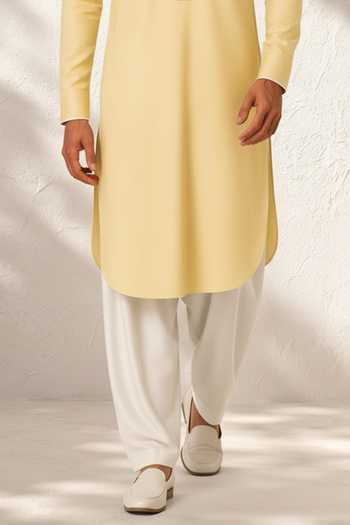 Bubber Couture_Yellow Silk, Cotton Vedaan Plain Kurta And Salwar Set _Online_at_Aza_Fashions