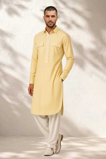 Buy_Bubber Couture_Yellow Silk, Cotton Vedaan Plain Kurta And Salwar Set _Online_at_Aza_Fashions