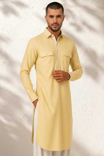 Shop_Bubber Couture_Yellow Silk, Cotton Vedaan Plain Kurta And Salwar Set _Online_at_Aza_Fashions