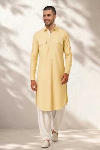 Bubber Couture_Yellow Silk, Cotton Vedaan Plain Kurta And Salwar Set _at_Aza_Fashions