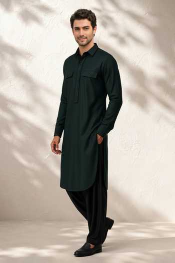 Shop Bubber Couture Green Silk, Cotton Plain Kurta And Salwar Set Online at Aza Fashions Shop_Bubber Couture_Green Silk, Cotton Plain Kurta And Salwar Set _Online_at_Aza_Fashions