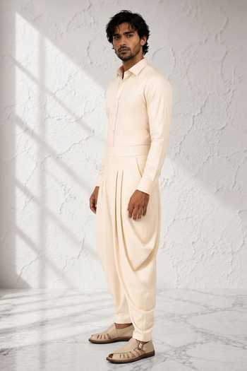 Shop Bubber Couture Cream Silk, Cotton Kiyan Classic Dhoti Pant Online at Aza Fashions Shop_Bubber Couture_Cream Silk, Cotton Kiyan Classic Dhoti Pant _Online_at_Aza_Fashions