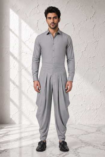 Shop Bubber Couture Grey Silk, Cotton Prayan Dhoti Pant Online at Aza Fashions Shop_Bubber Couture_Grey Silk, Cotton Prayan Dhoti Pant _Online_at_Aza_Fashions