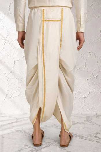 Bubber Couture Off White Silk, Cotton Ridhaan Pre Stitched Dhoti Pant Online at Aza Fashions Bubber Couture_Off White Silk, Cotton Ridhaan Pre Stitched Dhoti Pant _Online_at_Aza_Fashions