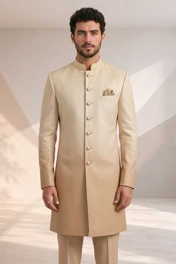 Shop Bubber Couture Beige Silk Ombre Sherwani And Pant Set Online at Aza Fashions Shop_Bubber Couture_Beige Silk Ombre Sherwani And Pant Set _Online_at_Aza_Fashions
