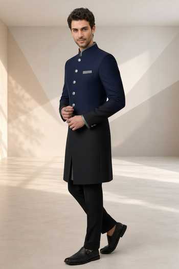 Buy Bubber Couture Black Silk Vardhaman Ombre Raw Sherwani Set Online at Aza Fashions Buy_Bubber Couture_Black Silk Vardhaman Ombre Raw Sherwani Set _Online_at_Aza_Fashions
