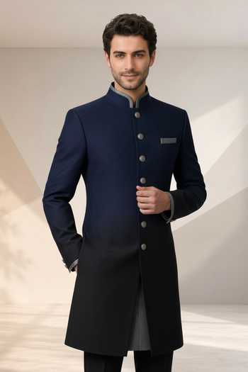 Shop Bubber Couture Black Silk Vardhaman Ombre Raw Sherwani Set Online at Aza Fashions Shop_Bubber Couture_Black Silk Vardhaman Ombre Raw Sherwani Set _Online_at_Aza_Fashions