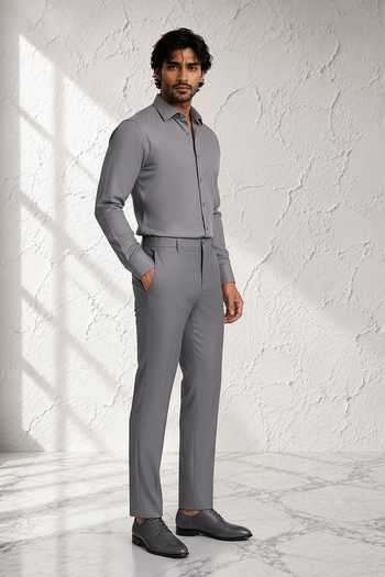 Buy Bubber Couture Grey Silk, Cotton Yves Straight Fit Pant Online at Aza Fashions Buy_Bubber Couture_Grey Silk, Cotton Yves Straight Fit Pant _Online_at_Aza_Fashions
