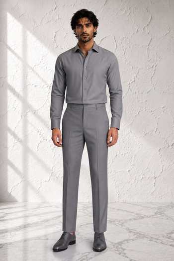 Shop Bubber Couture Grey Silk, Cotton Yves Straight Fit Pant Online at Aza Fashions Shop_Bubber Couture_Grey Silk, Cotton Yves Straight Fit Pant _Online_at_Aza_Fashions