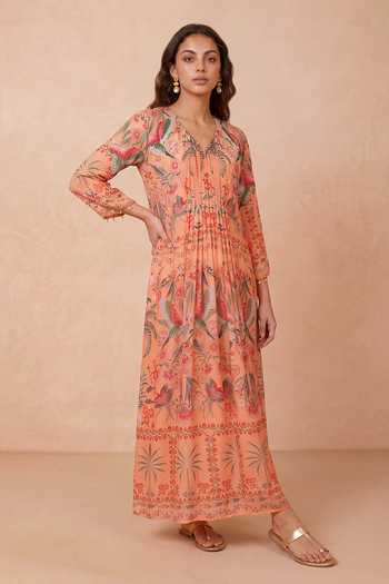 Shetab Kazmi Coral Crepe V-neck Chinoiserie Printed Kaftan Online at Aza Fashions Shetab Kazmi_Coral Crepe V-neck Chinoiserie Printed Kaftan _Online_at_Aza_Fashions