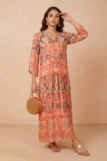 Buy Shetab Kazmi Coral Crepe V-neck Chinoiserie Printed Kaftan Online at Aza Fashions Buy_Shetab Kazmi_Coral Crepe V-neck Chinoiserie Printed Kaftan _Online_at_Aza_Fashions