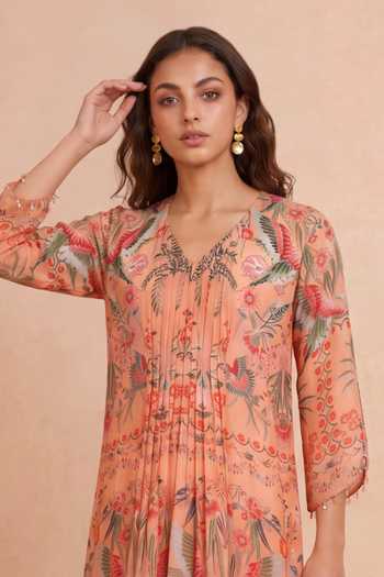 Shop Shetab Kazmi Coral Crepe V-neck Chinoiserie Printed Kaftan Online at Aza Fashions Shop_Shetab Kazmi_Coral Crepe V-neck Chinoiserie Printed Kaftan _Online_at_Aza_Fashions