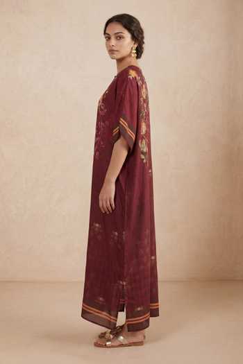 Shetab Kazmi Maroon Crepe Round Neck Floral Print Kaftan Online at Aza Fashions Shetab Kazmi_Maroon Crepe Round Neck Floral Print Kaftan _Online_at_Aza_Fashions