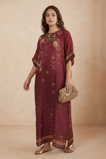 Buy Shetab Kazmi Maroon Crepe Round Neck Floral Print Kaftan Online at Aza Fashions Buy_Shetab Kazmi_Maroon Crepe Round Neck Floral Print Kaftan _Online_at_Aza_Fashions