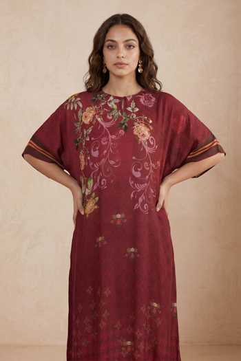 Shop Shetab Kazmi Maroon Crepe Round Neck Floral Print Kaftan Online at Aza Fashions Shop_Shetab Kazmi_Maroon Crepe Round Neck Floral Print Kaftan _Online_at_Aza_Fashions