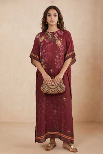 Shetab Kazmi Maroon Crepe Round Neck Floral Print Kaftan at Aza Fashions Shetab Kazmi_Maroon Crepe Round Neck Floral Print Kaftan _at_Aza_Fashions