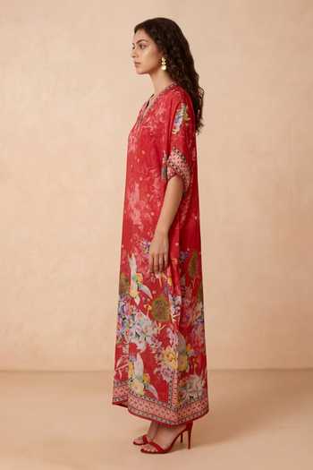 Shetab Kazmi Red Crepe V-neck Botanical Print Kaftan Online at Aza Fashions Shetab Kazmi_Red Crepe V-neck Botanical Print Kaftan _Online_at_Aza_Fashions