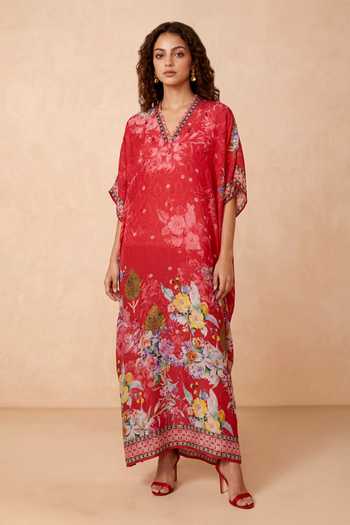Buy Shetab Kazmi Red Crepe V-neck Botanical Print Kaftan Online at Aza Fashions Buy_Shetab Kazmi_Red Crepe V-neck Botanical Print Kaftan _Online_at_Aza_Fashions