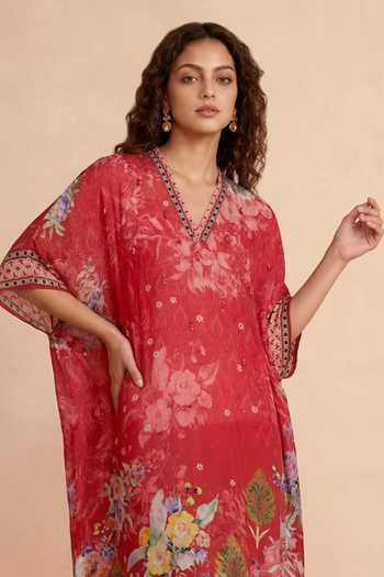 Shop Shetab Kazmi Red Crepe V-neck Botanical Print Kaftan Online at Aza Fashions Shop_Shetab Kazmi_Red Crepe V-neck Botanical Print Kaftan _Online_at_Aza_Fashions