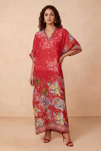 Shetab Kazmi Red Crepe V-neck Botanical Print Kaftan at Aza Fashions Shetab Kazmi_Red Crepe V-neck Botanical Print Kaftan _at_Aza_Fashions