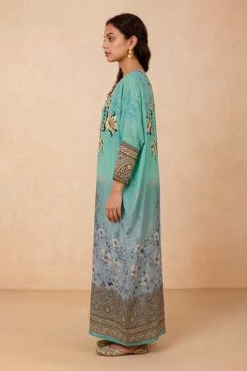 Shetab Kazmi Green Crepe Round Neck Floral Print Kaftan Online at Aza Fashions Shetab Kazmi_Green Crepe Round Neck Floral Print Kaftan _Online_at_Aza_Fashions
