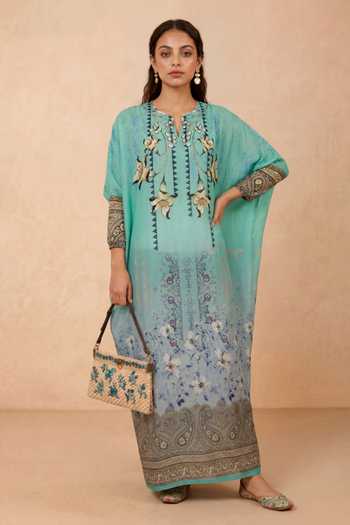 Buy Shetab Kazmi Green Crepe Round Neck Floral Print Kaftan Online at Aza Fashions Buy_Shetab Kazmi_Green Crepe Round Neck Floral Print Kaftan _Online_at_Aza_Fashions