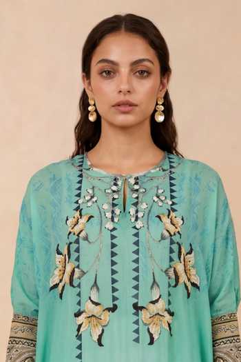 Shop Shetab Kazmi Green Crepe Round Neck Floral Print Kaftan Online at Aza Fashions Shop_Shetab Kazmi_Green Crepe Round Neck Floral Print Kaftan _Online_at_Aza_Fashions