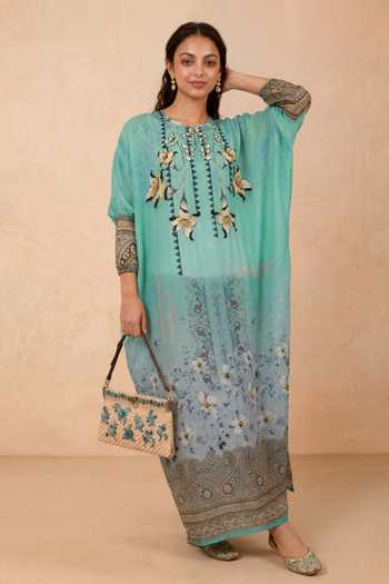 Shetab Kazmi Green Crepe Round Neck Floral Print Kaftan at Aza Fashions Shetab Kazmi_Green Crepe Round Neck Floral Print Kaftan _at_Aza_Fashions
