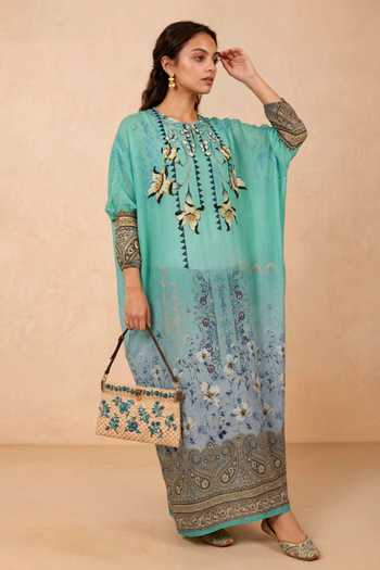 Buy Shetab Kazmi Green Crepe Round Neck Floral Print Kaftan Buy_Shetab Kazmi_Green Crepe Round Neck Floral Print Kaftan