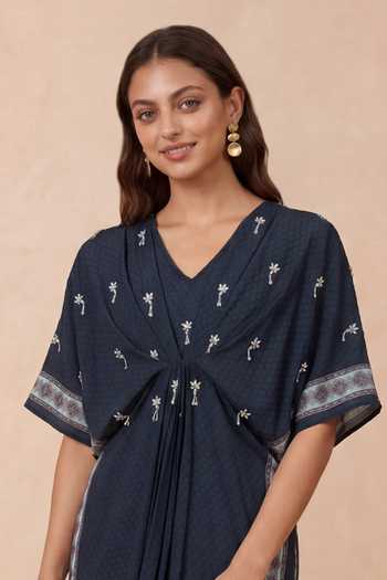 Shetab Kazmi Blue Crepe V-neck Gathered Embroidered Kaftan Online at Aza Fashions Shetab Kazmi_Blue Crepe V-neck Gathered Embroidered Kaftan _Online_at_Aza_Fashions
