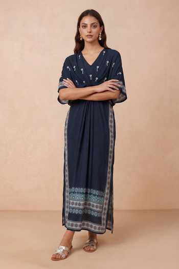 Buy Shetab Kazmi Blue Crepe V-neck Gathered Embroidered Kaftan Online at Aza Fashions Buy_Shetab Kazmi_Blue Crepe V-neck Gathered Embroidered Kaftan _Online_at_Aza_Fashions