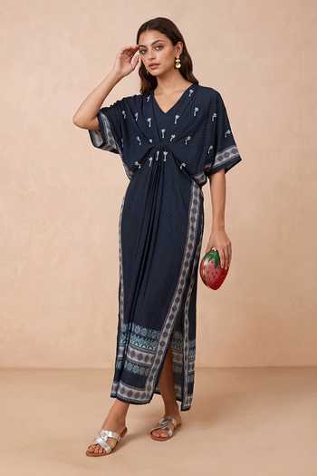 Shop Shetab Kazmi Blue Crepe V-neck Gathered Embroidered Kaftan Online at Aza Fashions Shop_Shetab Kazmi_Blue Crepe V-neck Gathered Embroidered Kaftan _Online_at_Aza_Fashions