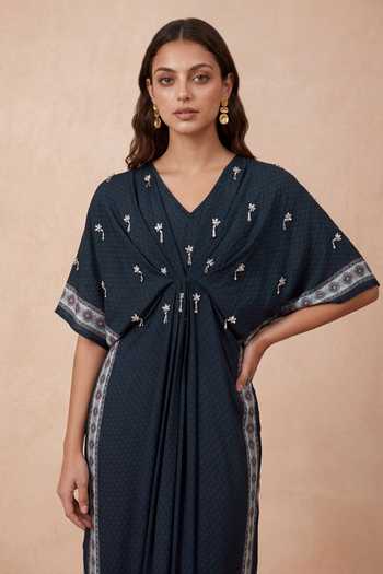 Shetab Kazmi Blue Crepe V-neck Gathered Embroidered Kaftan at Aza Fashions Shetab Kazmi_Blue Crepe V-neck Gathered Embroidered Kaftan _at_Aza_Fashions