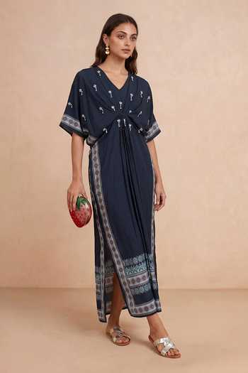 Buy Shetab Kazmi Blue Crepe V-neck Gathered Embroidered Kaftan Buy_Shetab Kazmi_Blue Crepe V-neck Gathered Embroidered Kaftan