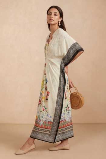Shetab Kazmi Ivory Crepe V-neck Floral Border Print Kaftan Online at Aza Fashions Shetab Kazmi_Ivory Crepe V-neck Floral Border Print Kaftan _Online_at_Aza_Fashions