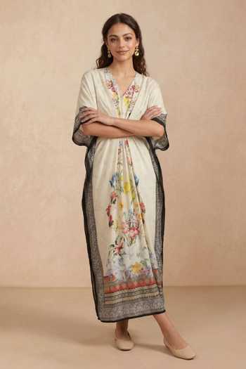 Buy Shetab Kazmi Ivory Crepe V-neck Floral Border Print Kaftan Online at Aza Fashions Buy_Shetab Kazmi_Ivory Crepe V-neck Floral Border Print Kaftan _Online_at_Aza_Fashions