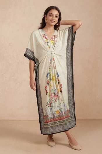 Shop Shetab Kazmi Ivory Crepe V-neck Floral Border Print Kaftan Online at Aza Fashions Shop_Shetab Kazmi_Ivory Crepe V-neck Floral Border Print Kaftan _Online_at_Aza_Fashions