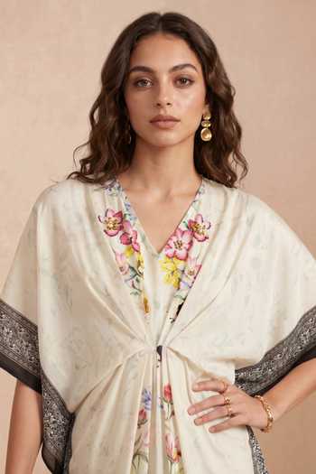 Shetab Kazmi Ivory Crepe V-neck Floral Border Print Kaftan at Aza Fashions Shetab Kazmi_Ivory Crepe V-neck Floral Border Print Kaftan _at_Aza_Fashions