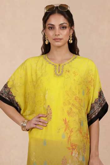 Shetab Kazmi Yellow Crepe Round Neck Floral Print Kaftan Online at Aza Fashions Shetab Kazmi_Yellow Crepe Round Neck Floral Print Kaftan _Online_at_Aza_Fashions