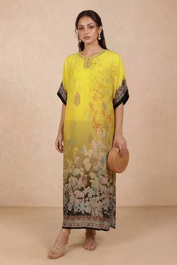 Buy Shetab Kazmi Yellow Crepe Round Neck Floral Print Kaftan Online at Aza Fashions Buy_Shetab Kazmi_Yellow Crepe Round Neck Floral Print Kaftan _Online_at_Aza_Fashions