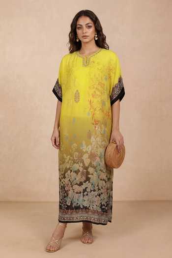 Shop Shetab Kazmi Yellow Crepe Round Neck Floral Print Kaftan Online at Aza Fashions Shop_Shetab Kazmi_Yellow Crepe Round Neck Floral Print Kaftan _Online_at_Aza_Fashions