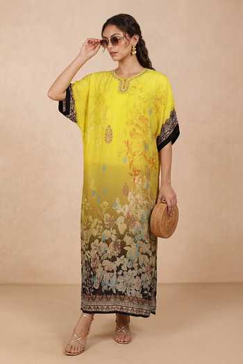 Shetab Kazmi Yellow Crepe Round Neck Floral Print Kaftan at Aza Fashions Shetab Kazmi_Yellow Crepe Round Neck Floral Print Kaftan _at_Aza_Fashions
